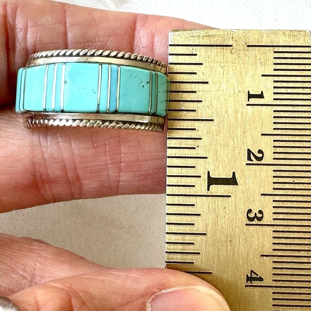 Mens Navajo Wedding Band 12 Ring Turquoise 12mm Inlay Signed Panteah Native Amer